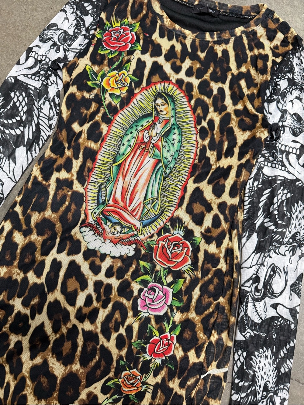 Ed Hardy x Dolls Kill Virgin Mary Leopard Mesh Tee Mini Dress Women’s Medium NEW - Picture 3 of 10